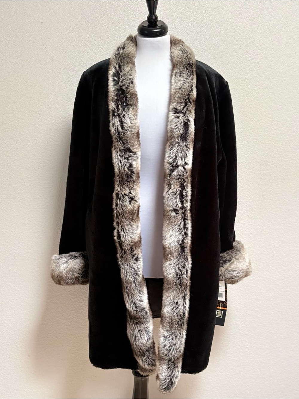 Women's Black Teddy Coat with Faux Fur Trim
